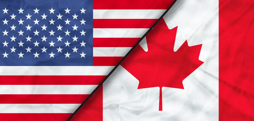 Usa and Canada Realistic Half Flags Together. High quality illustration.